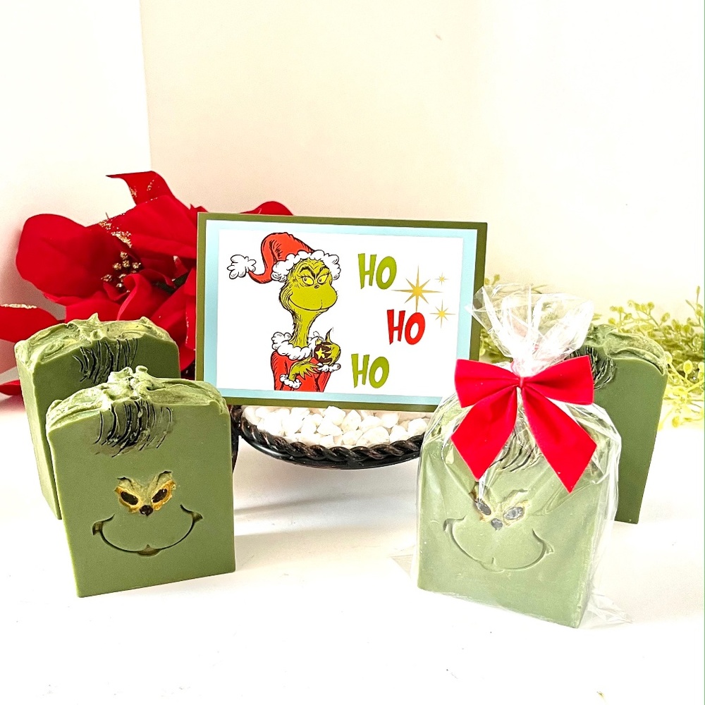 Grinch handmade soap, set of 4 including a Grinch card for each soap. NEW ITEM